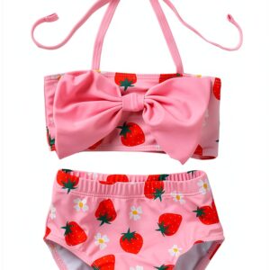 Toddler Girl Swimsuit Bow Design Fruit Print Two Piece Set-0