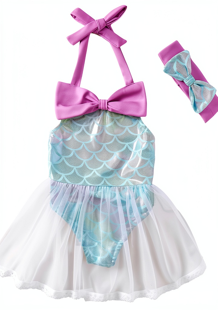 Baby girl wearing the mermaid bikini set at the beach