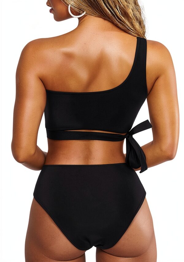 Mommy and Me Swimsuits Black One Shoulder Tummy Control-3