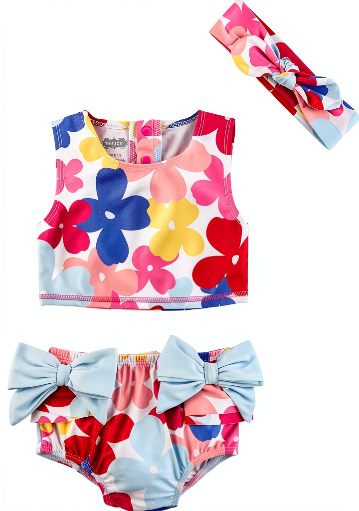 Baby girl wearing Mud Pie floral bikini set on a sandy beach