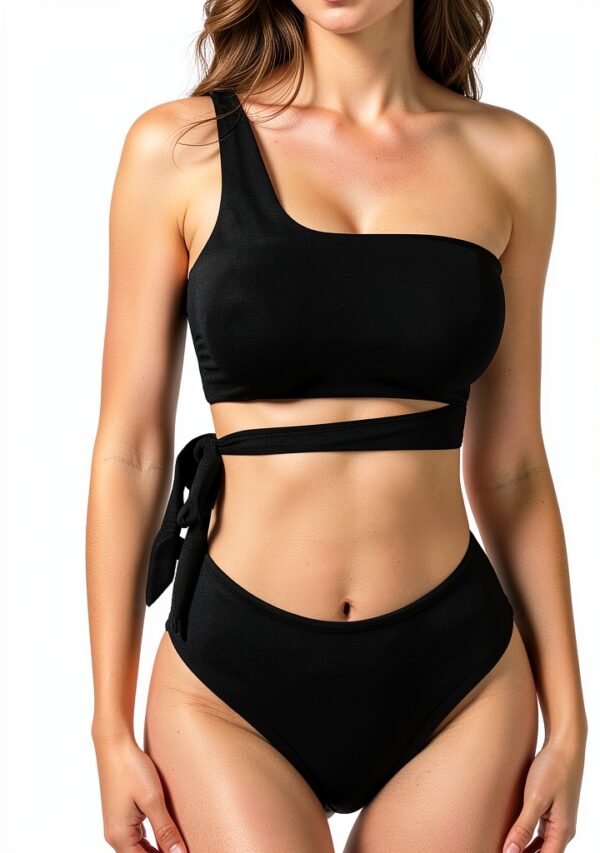 Mommy and Me Swimsuits Black One Shoulder Tummy Control-2