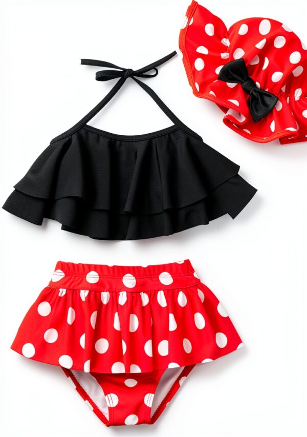Baby Girls Red Black Dot Bikini Set Sunflower Hat Summer-0