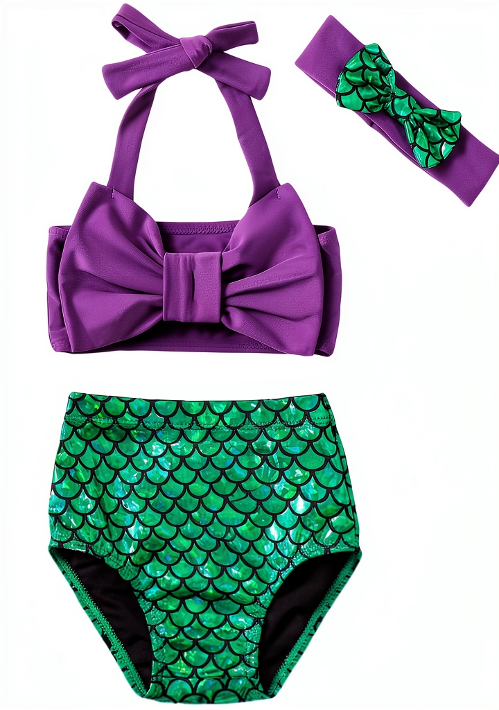 Baby girl wearing the mermaid bikini set at the beach