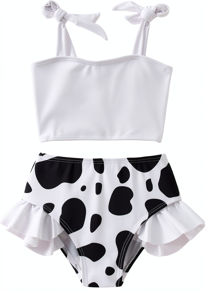 Toddler girls swimsuit set with ruffle shorts and cow dot print