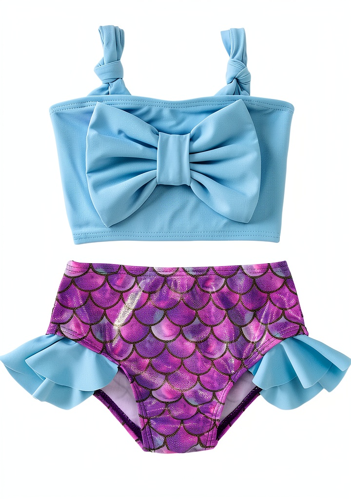 Baby girl wearing the blue mermaid bikini set at the beach