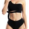 Mommy and Me Swimsuits Black One Shoulder Tummy Control-7